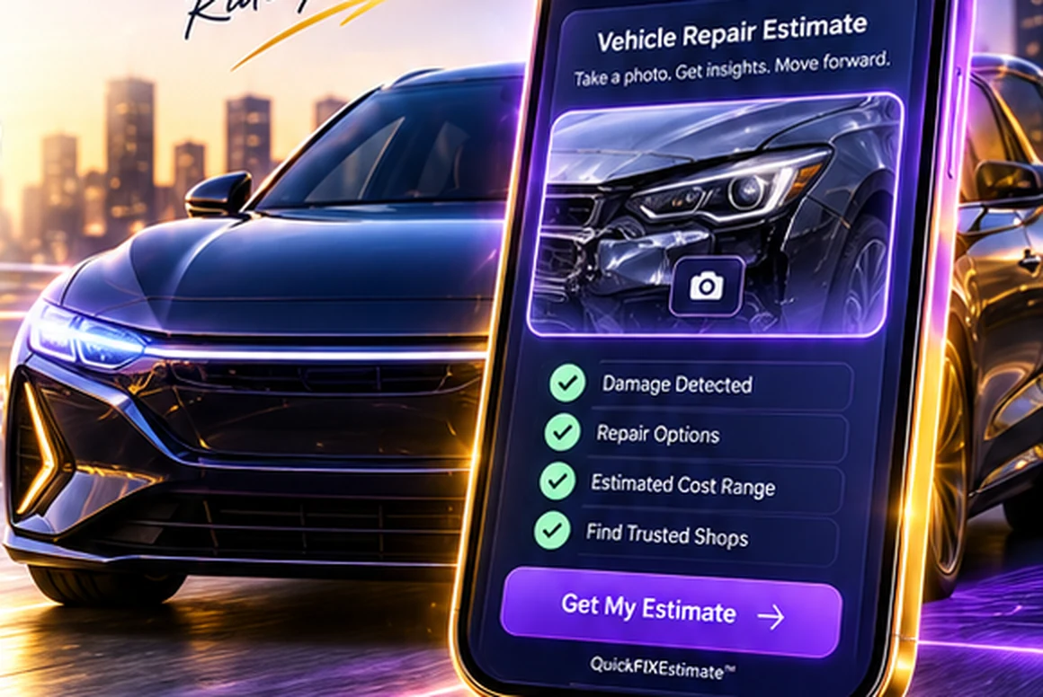 Illustrative concept artwork showing a vehicle and digital repair intake interface